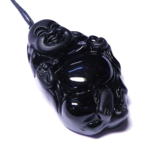 Large Black Obsidian Carved Buddha Pendant